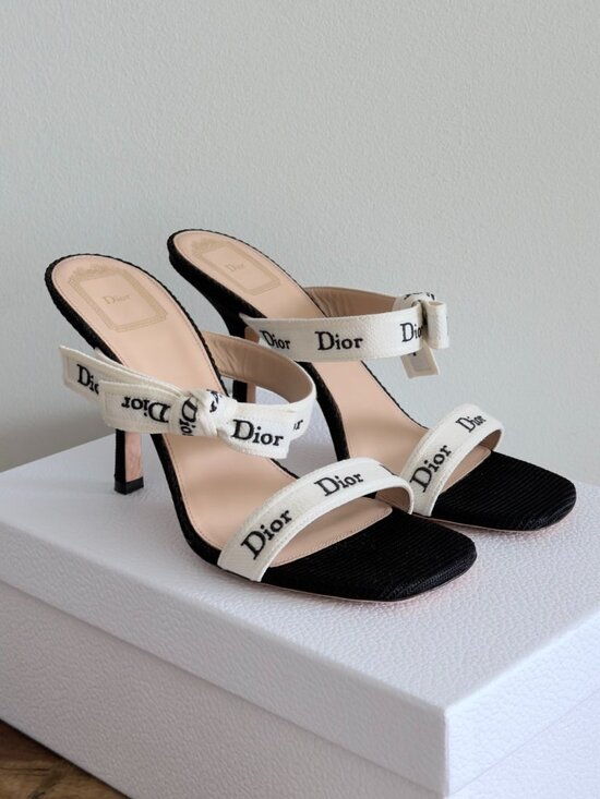 Dior Shoes - Christain Dior Heeled Sandal with J'Adior Straps Black Embroidered Cotton, 39.5